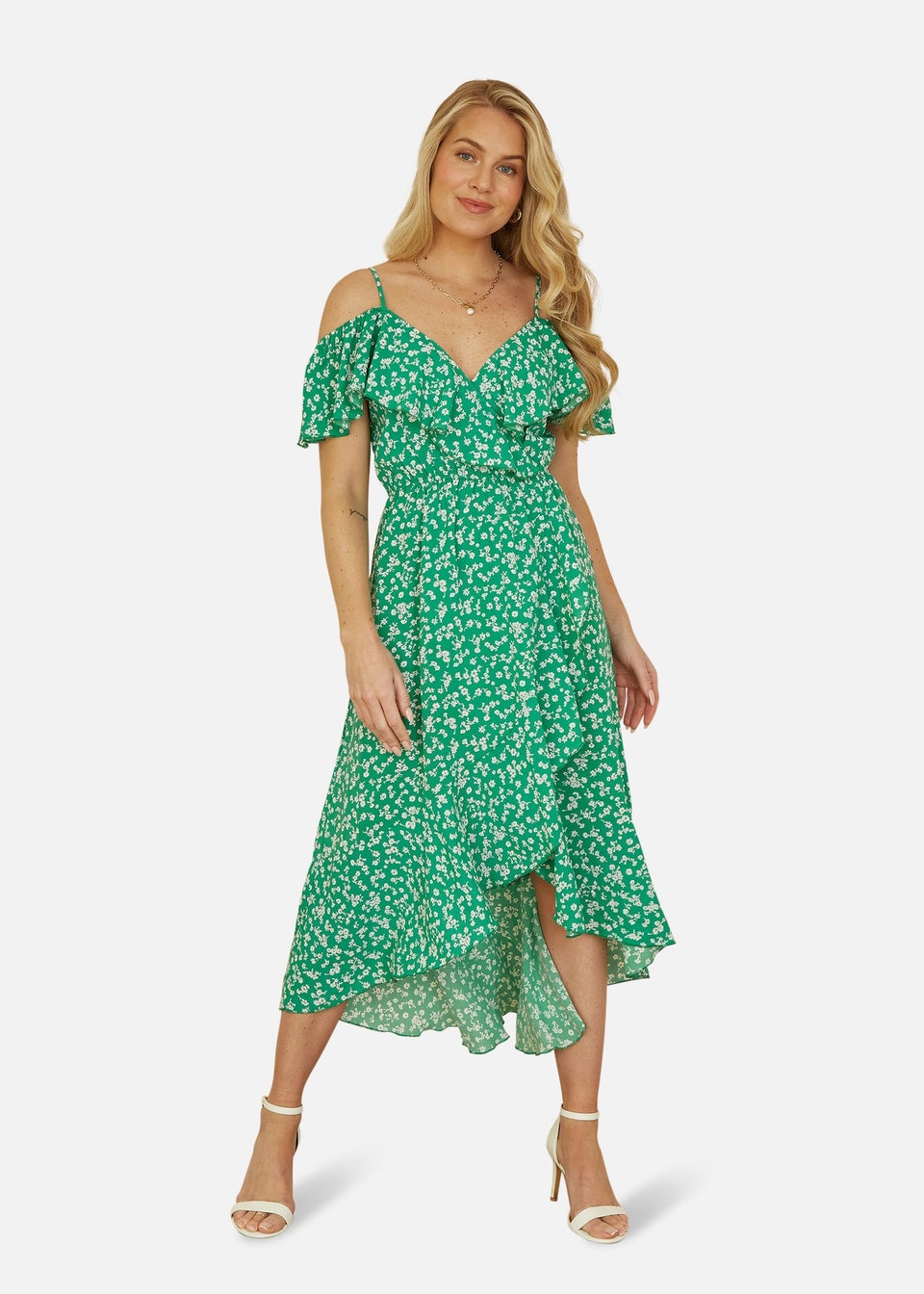 Mela Green Ditsy Print Bardot Midi Dress With Dip Hem - Matalan