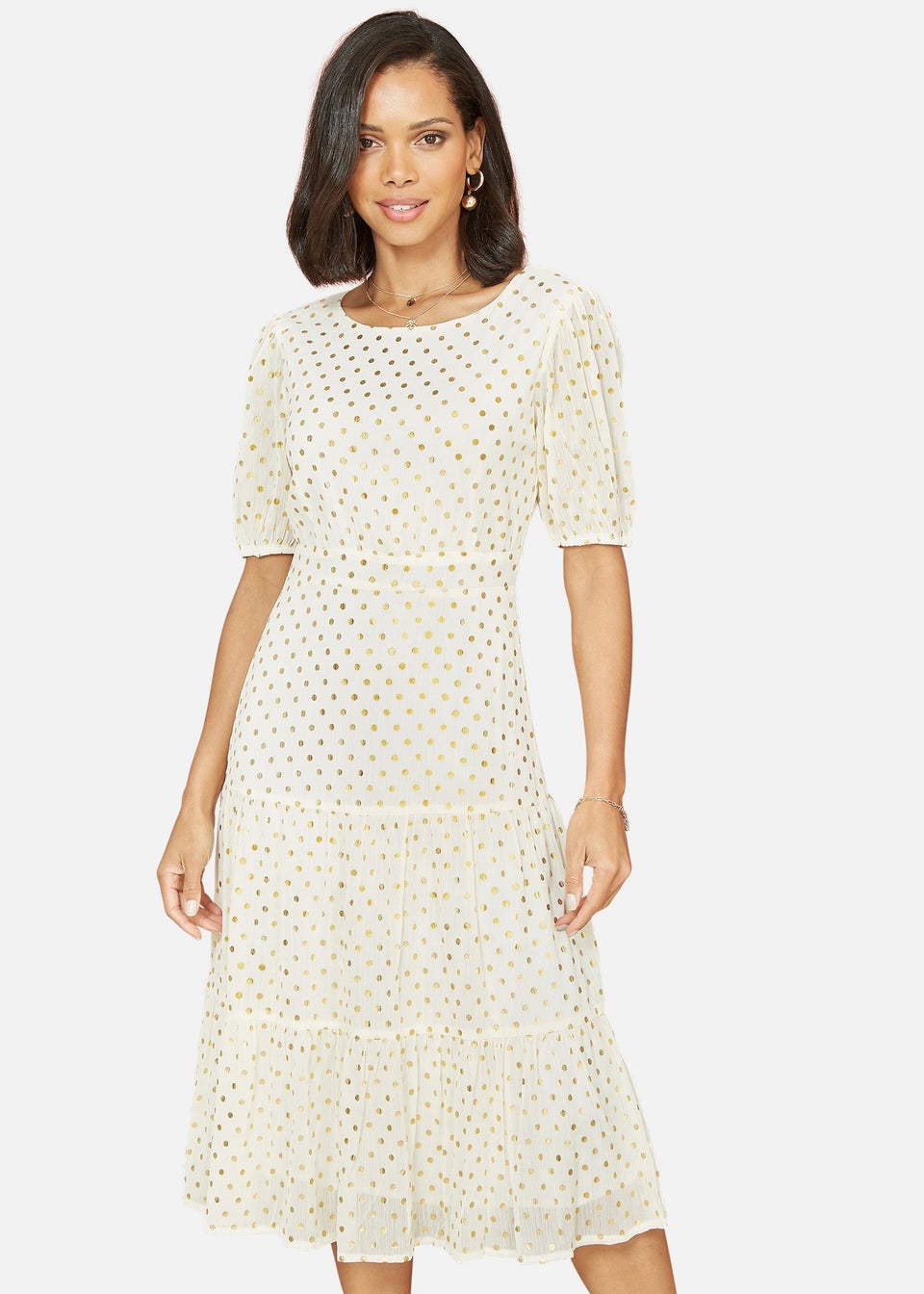 Mela Ivory Gold Foil Spot Midi Dress With Scoop Back - Matalan