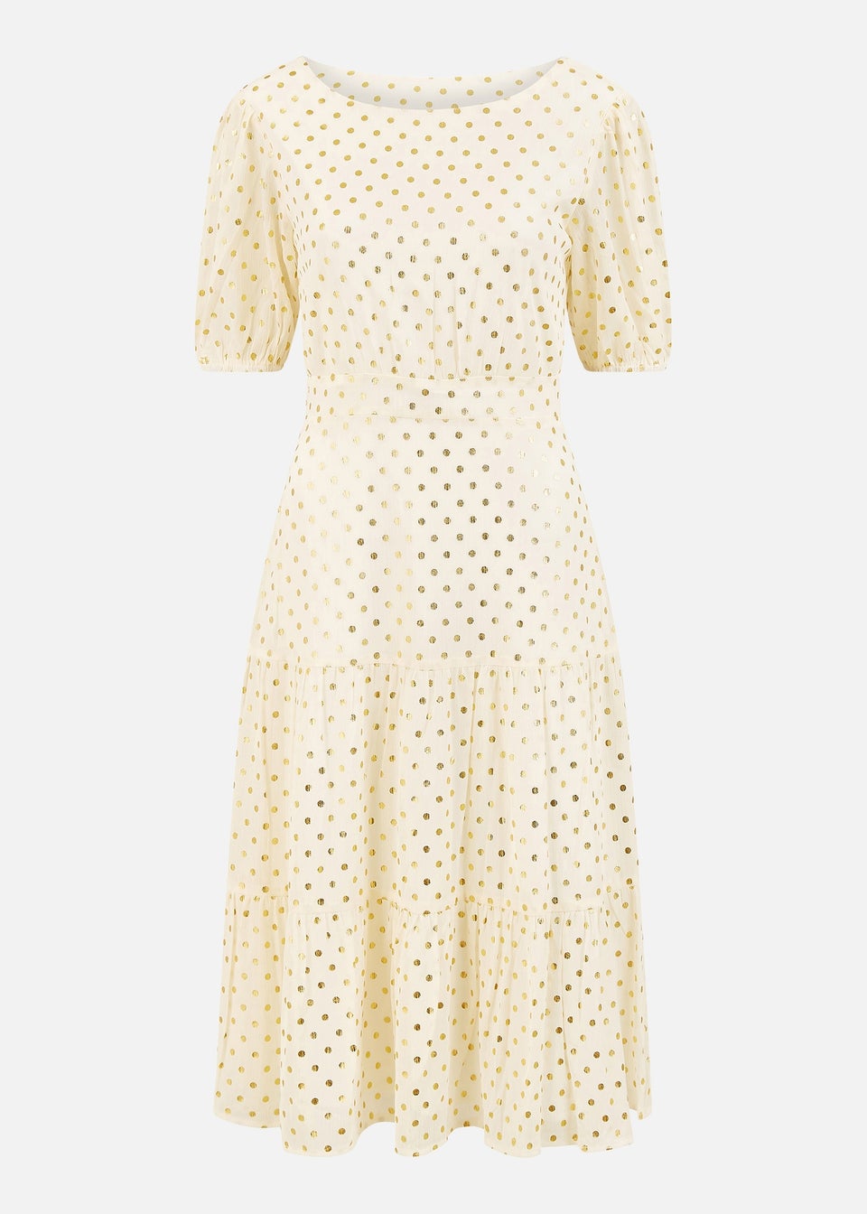 Mela Ivory Gold Foil Spot Midi Dress With Scoop Back