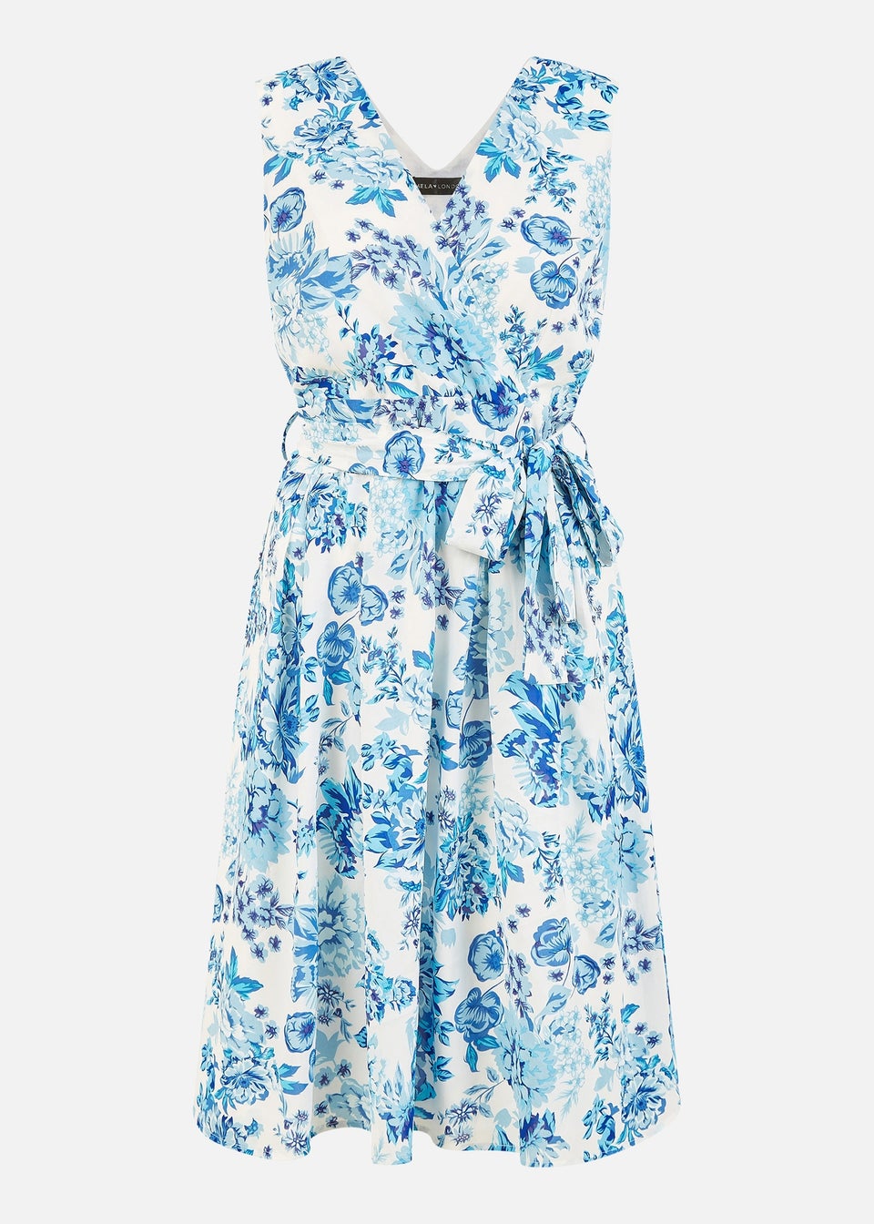Mela Floral Wrap Over Skater Dress In Blue - Matalan
