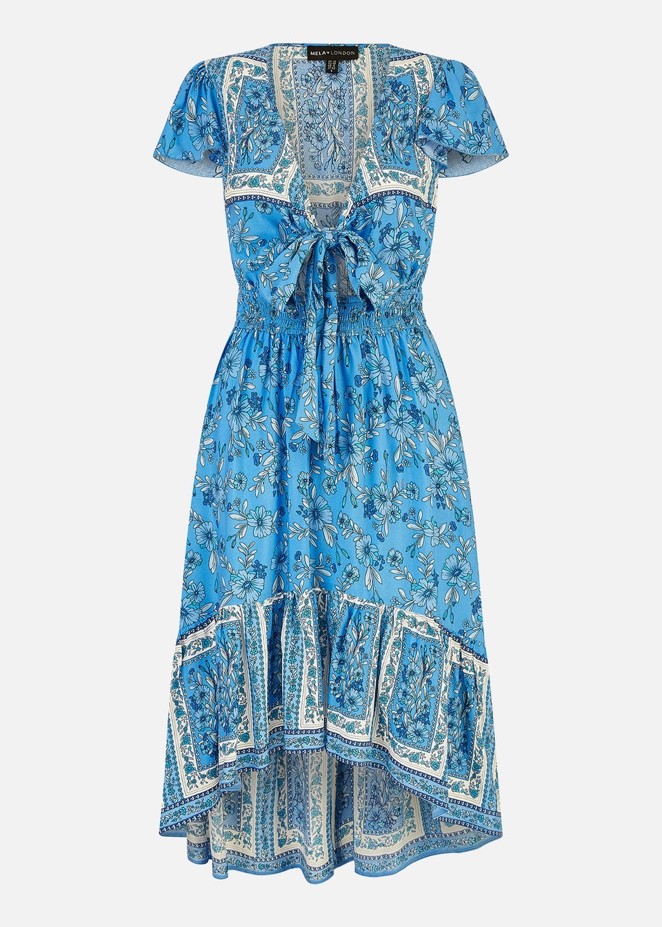 Mela Blue Ditsy Print Sun Dress With Cross Over Back Tie Front And Dip ...