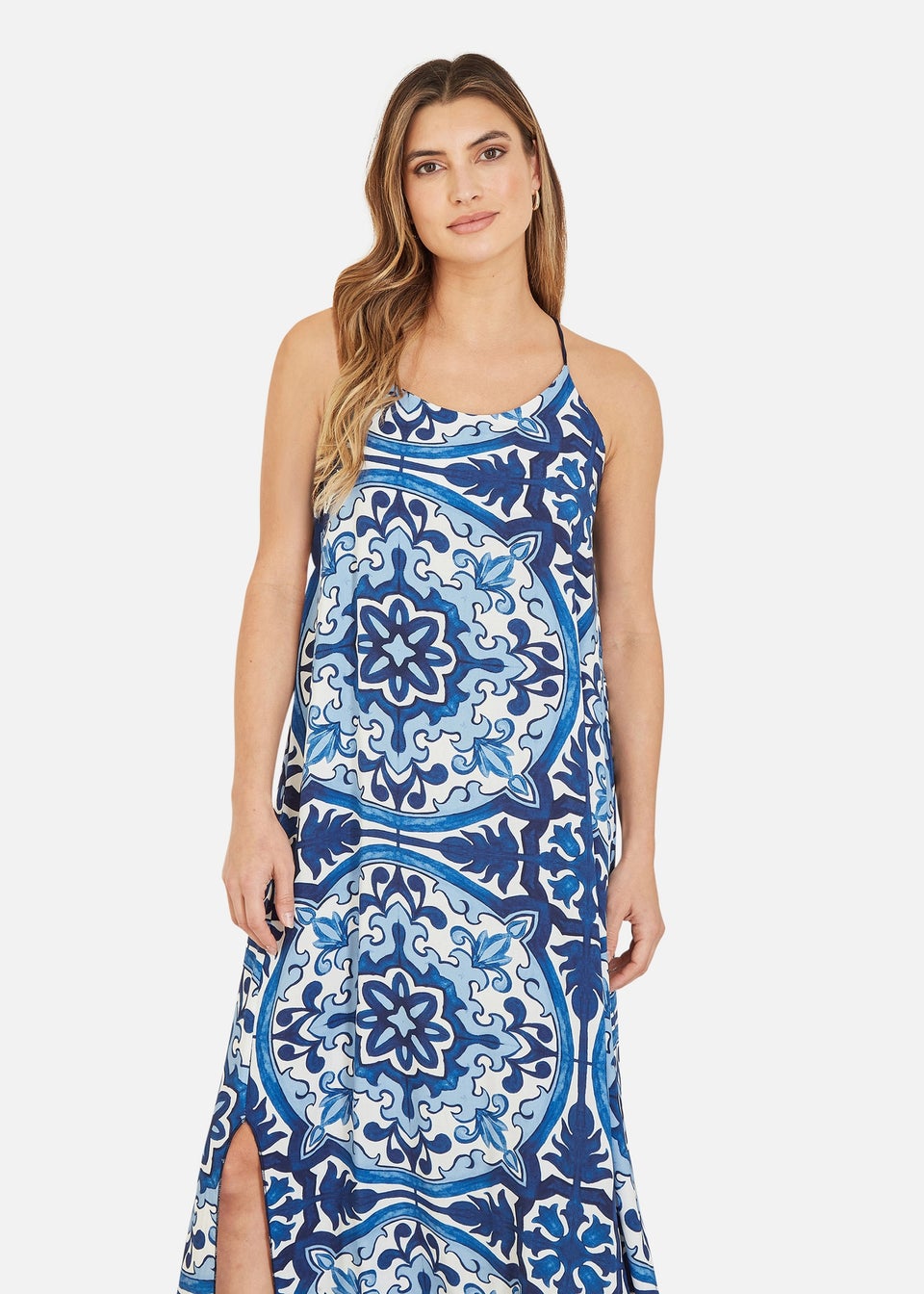 Mela Blue Tile Print Maxi Dress With Side Split Hem - Matalan