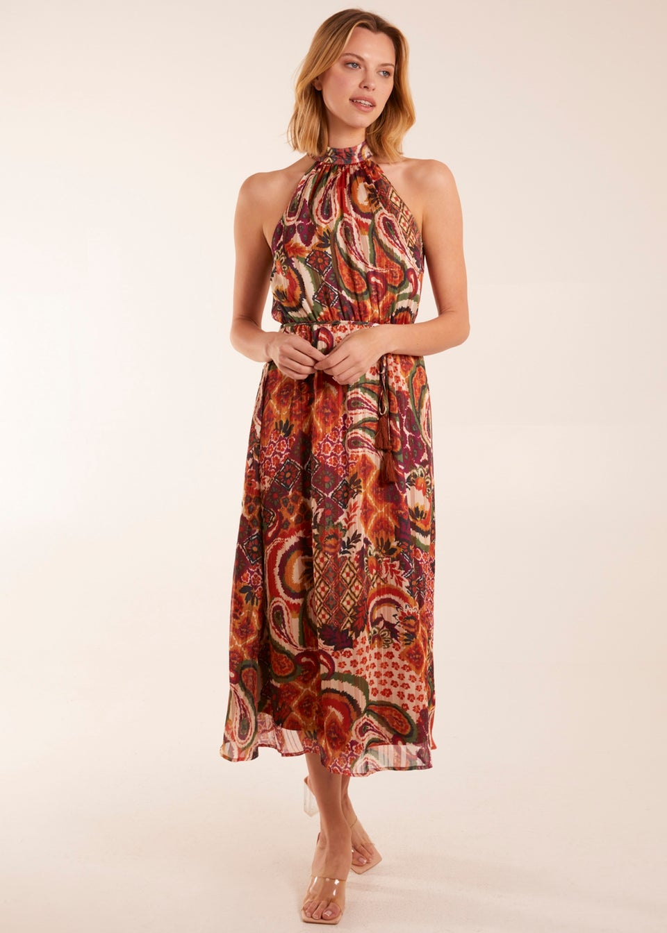 Blue Vanilla Terracotta Halter Neck Tassle Detail Midi Dress