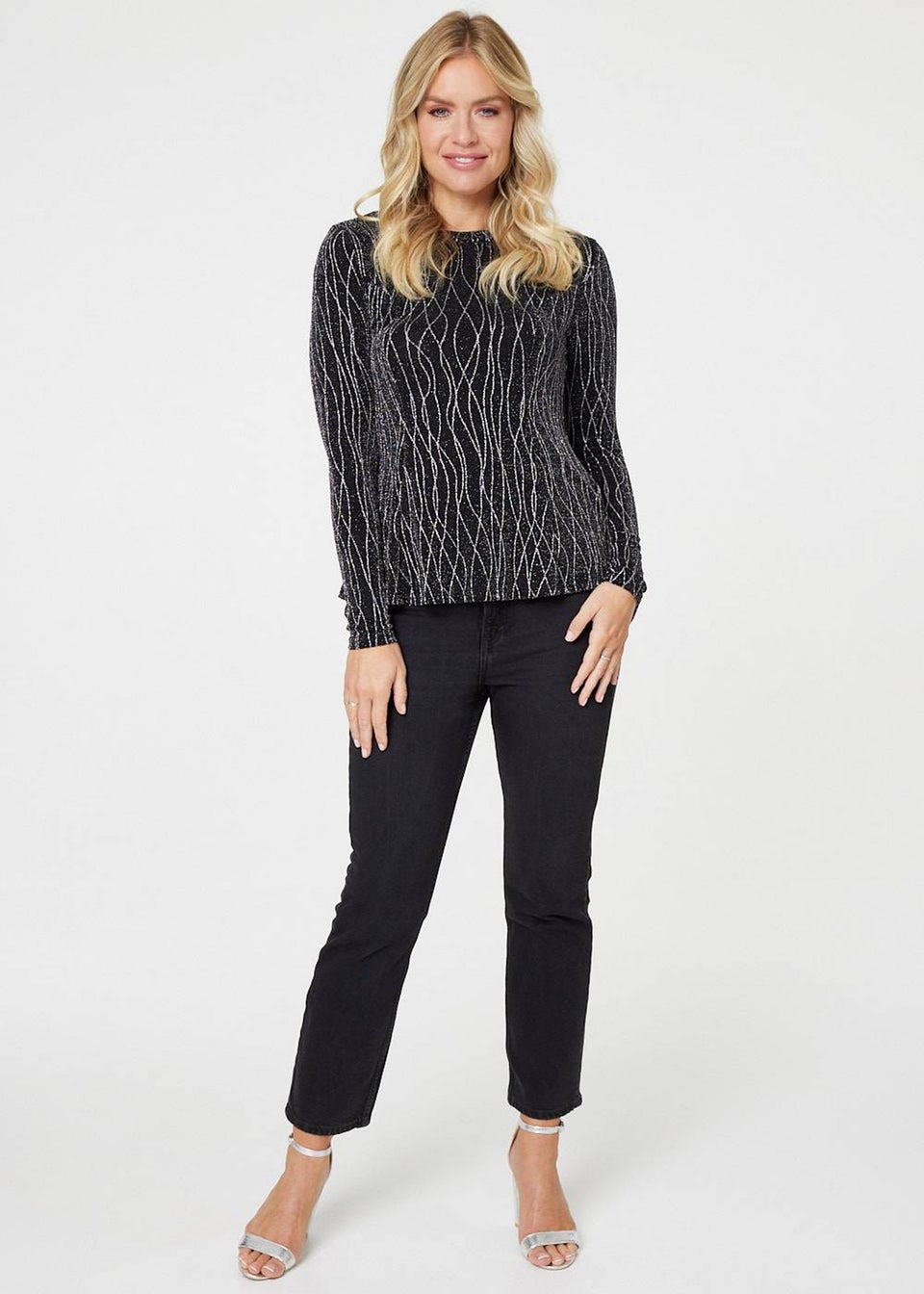 Izabel London Black Metallic Drop Hem Peplum Top