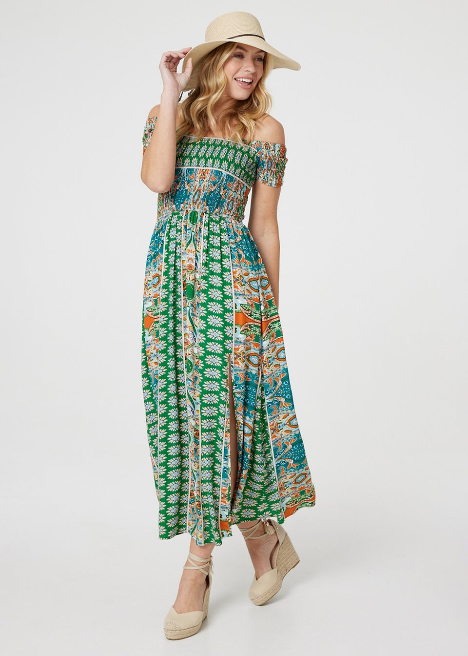 Izabel London Green Printed Bardot Smocked Maxi Dress