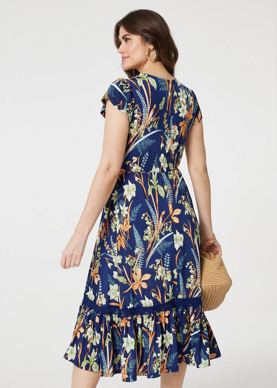 Izabel London Navy Leaf Print V-Neck Lace Trim Midi Dress