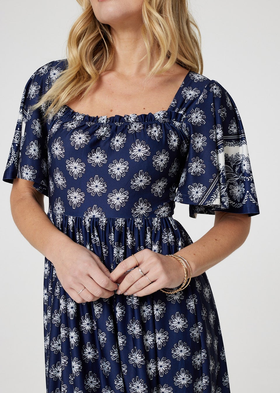 Izabel London Navy Printed 1/2 Batwing Sleeve Midi Dress