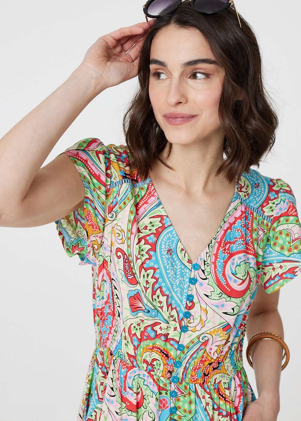 Izabel London Blue Paisley V-Neck Button Detail Maxi Dress