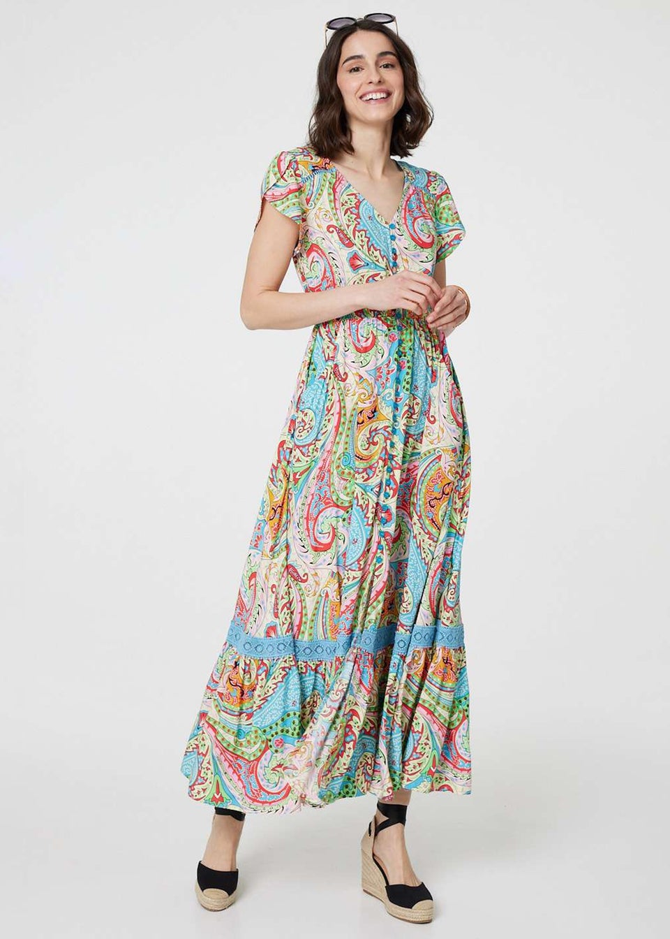 Izabel London Blue Paisley V-Neck Button Detail Maxi Dress