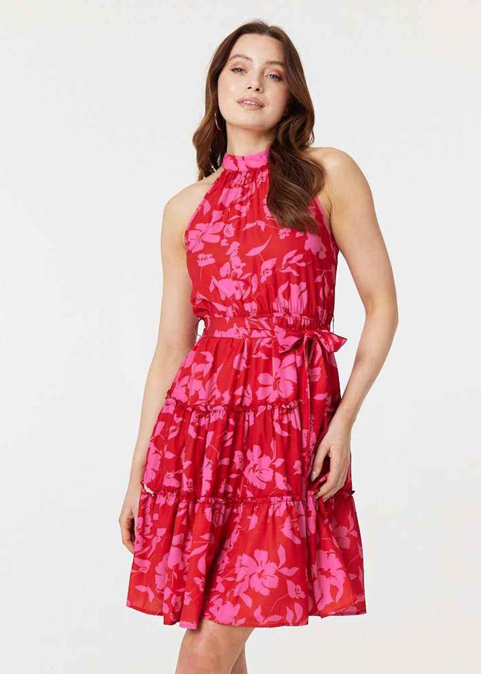 Izabel London Pink Floral Halter Neck Short Tiered Dress