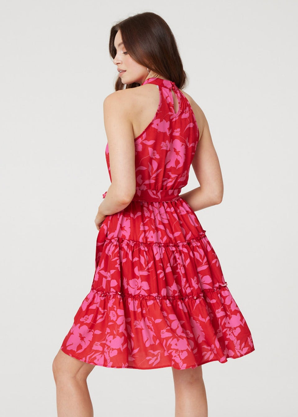 Izabel London Pink Floral Halter Neck Short Tiered Dress