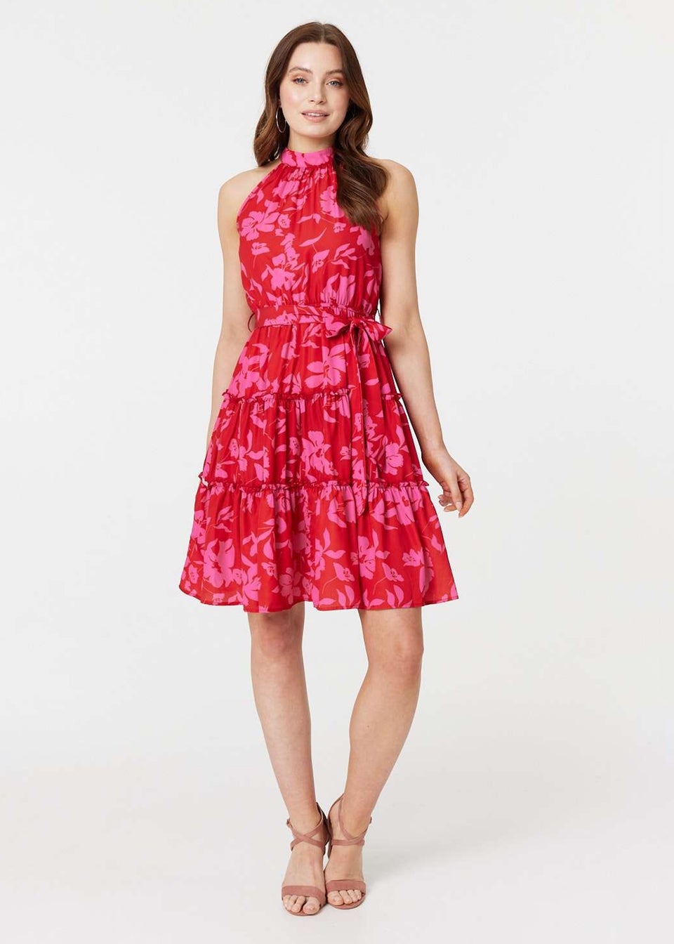 Izabel London Pink Floral Halter Neck Short Tiered Dress