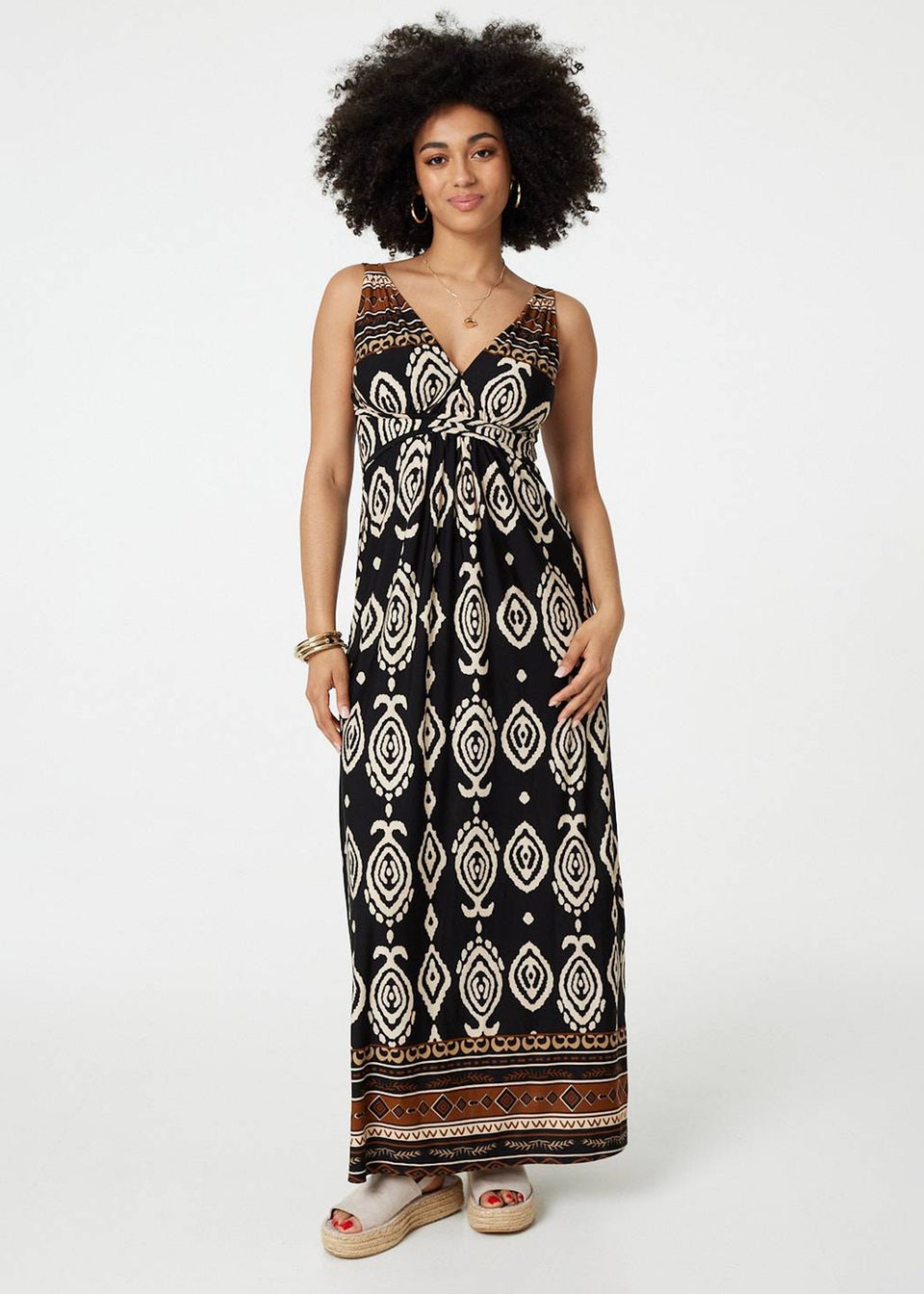 Izabel London Black White Printed Sleeveless Empire Maxi Dress