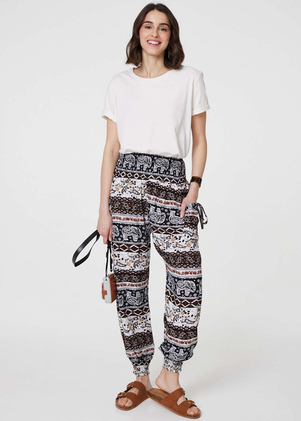 Izabel London Beige Elephant Print High Waist Harem Pants Matalan