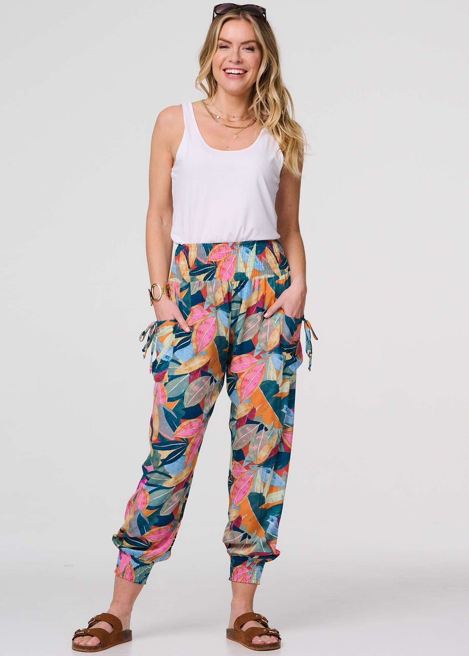 Izabel London Blue Leaf Print Tassel Pocket Harem Pants