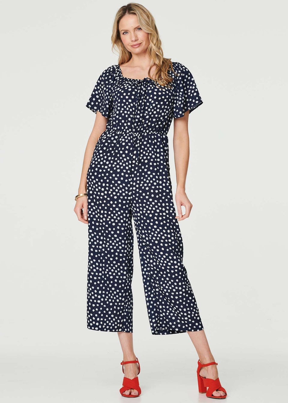 Izabel London Navy Polka Dot Print Angel Sleeve Jumpsuit Matalan