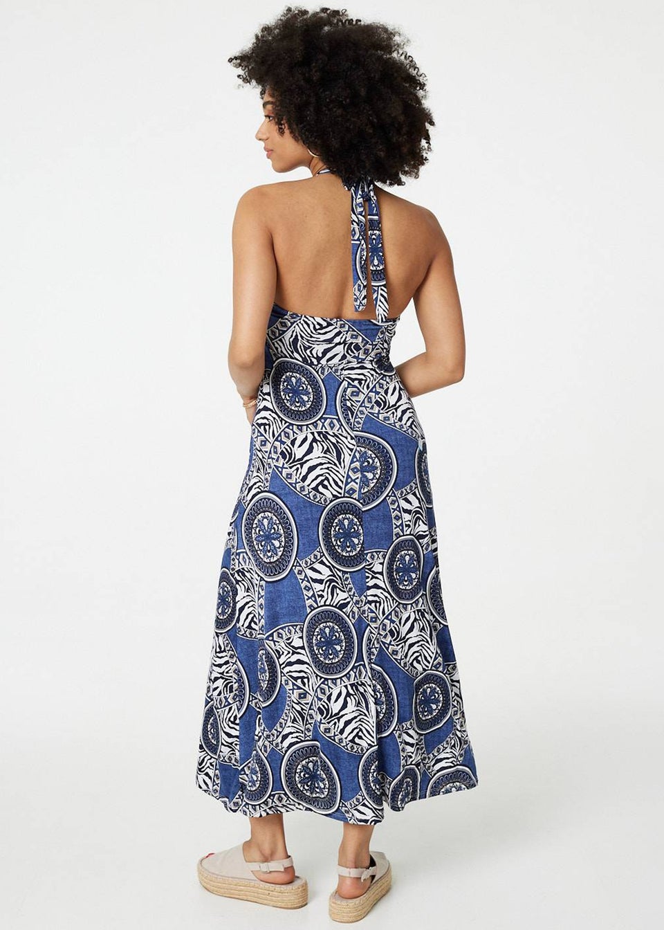 Izabel London Navy Mosaic Print Halter Neck Maxi Dress