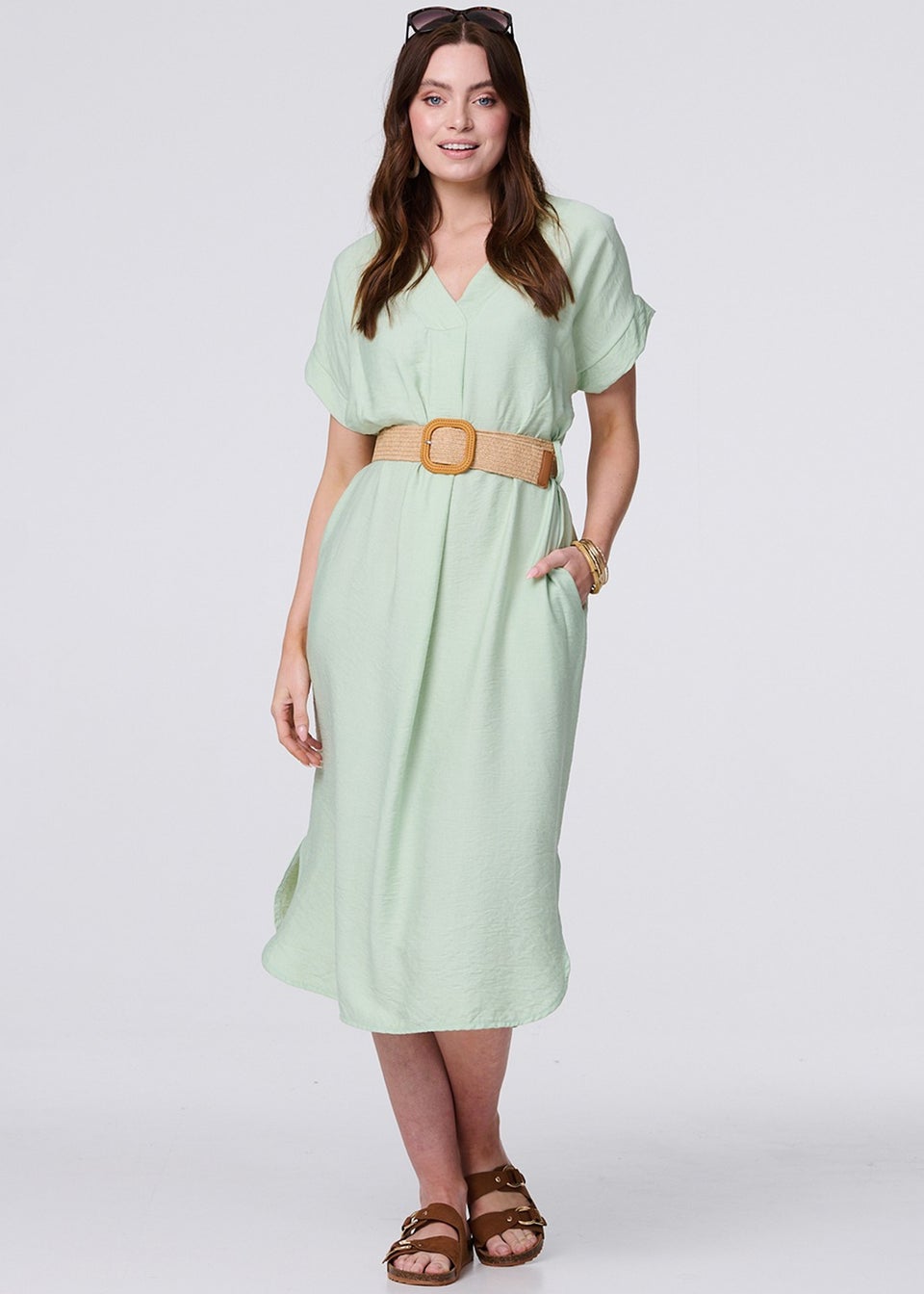 Izabel London Green V-Neck Short Sleeve Belted Tunic Dress