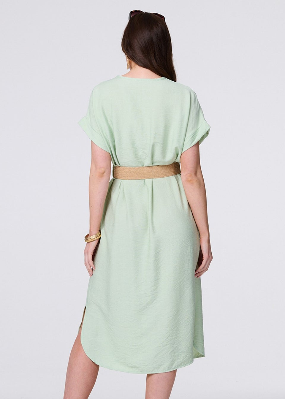 Izabel London Green V-Neck Short Sleeve Belted Tunic Dress