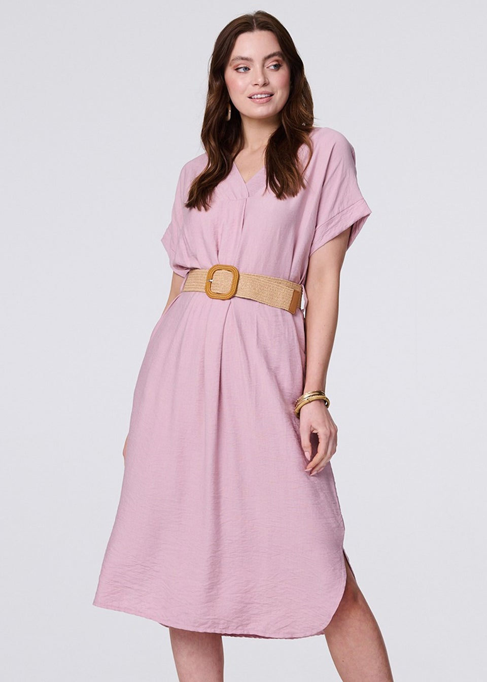 Izabel London Pink V Neck Short Sleeve Belted Tunic Dress