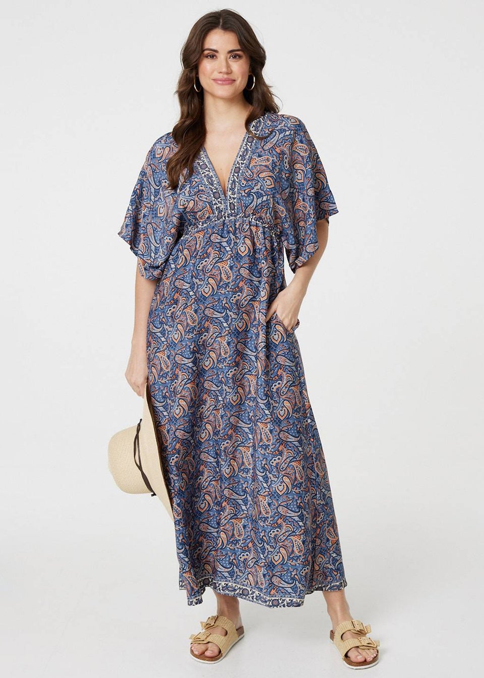 Izabel London Navy Paisley Print Kimono Sleeve Midi Dress