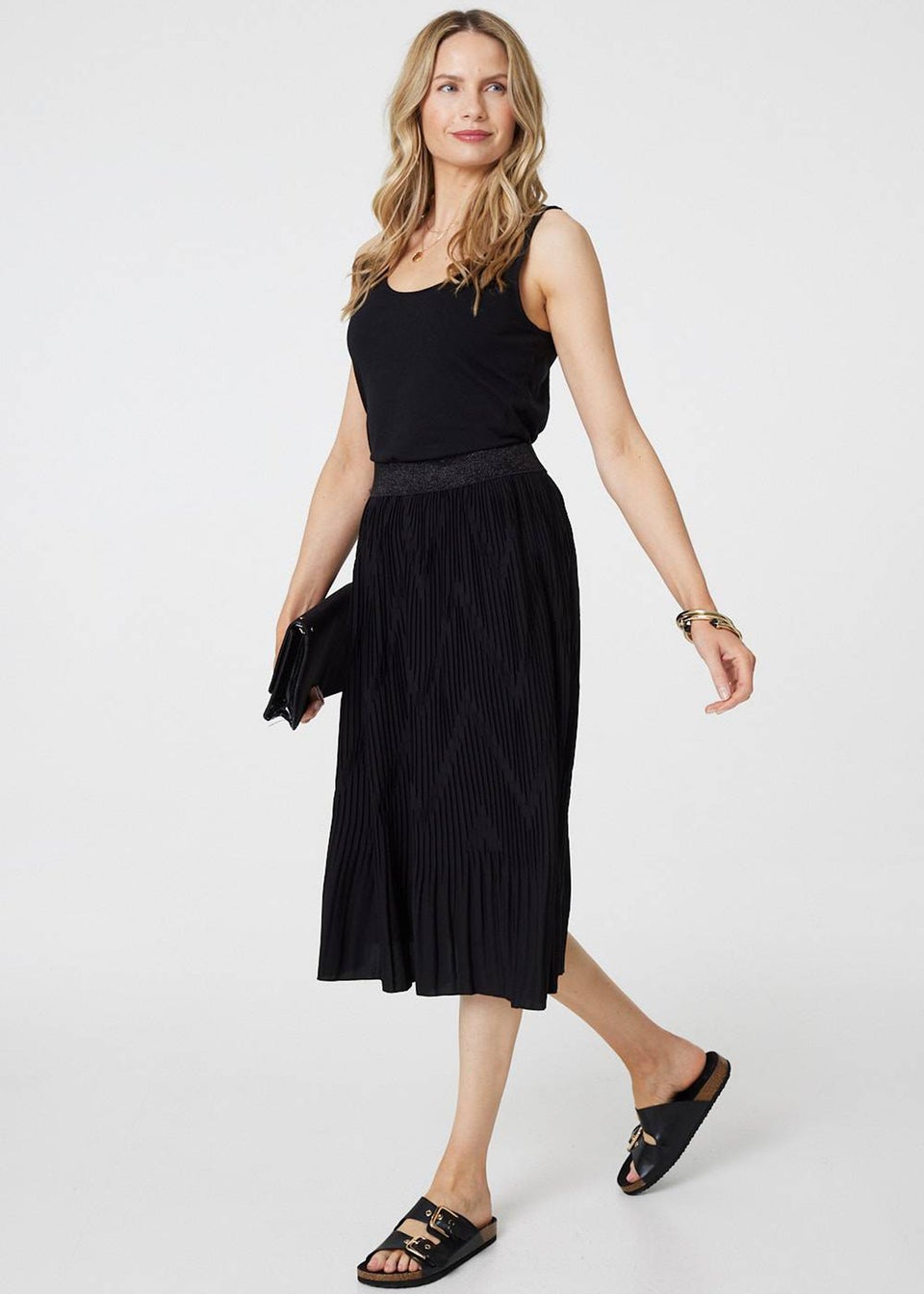 Black high waisted pleated midi skirt online
