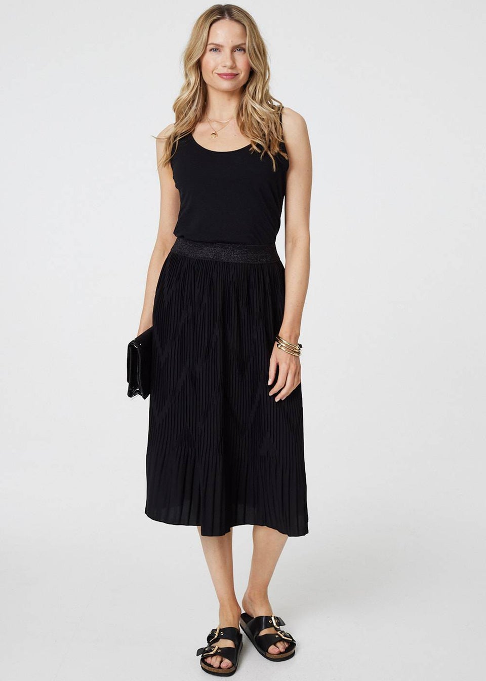 Izabel London Black Pleated High Waist A-Line Midi Skirt