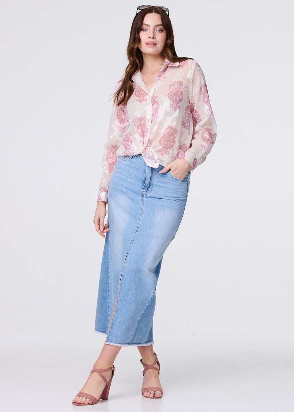 Izabel London Pink Printed Button Down Tie Front Shirt