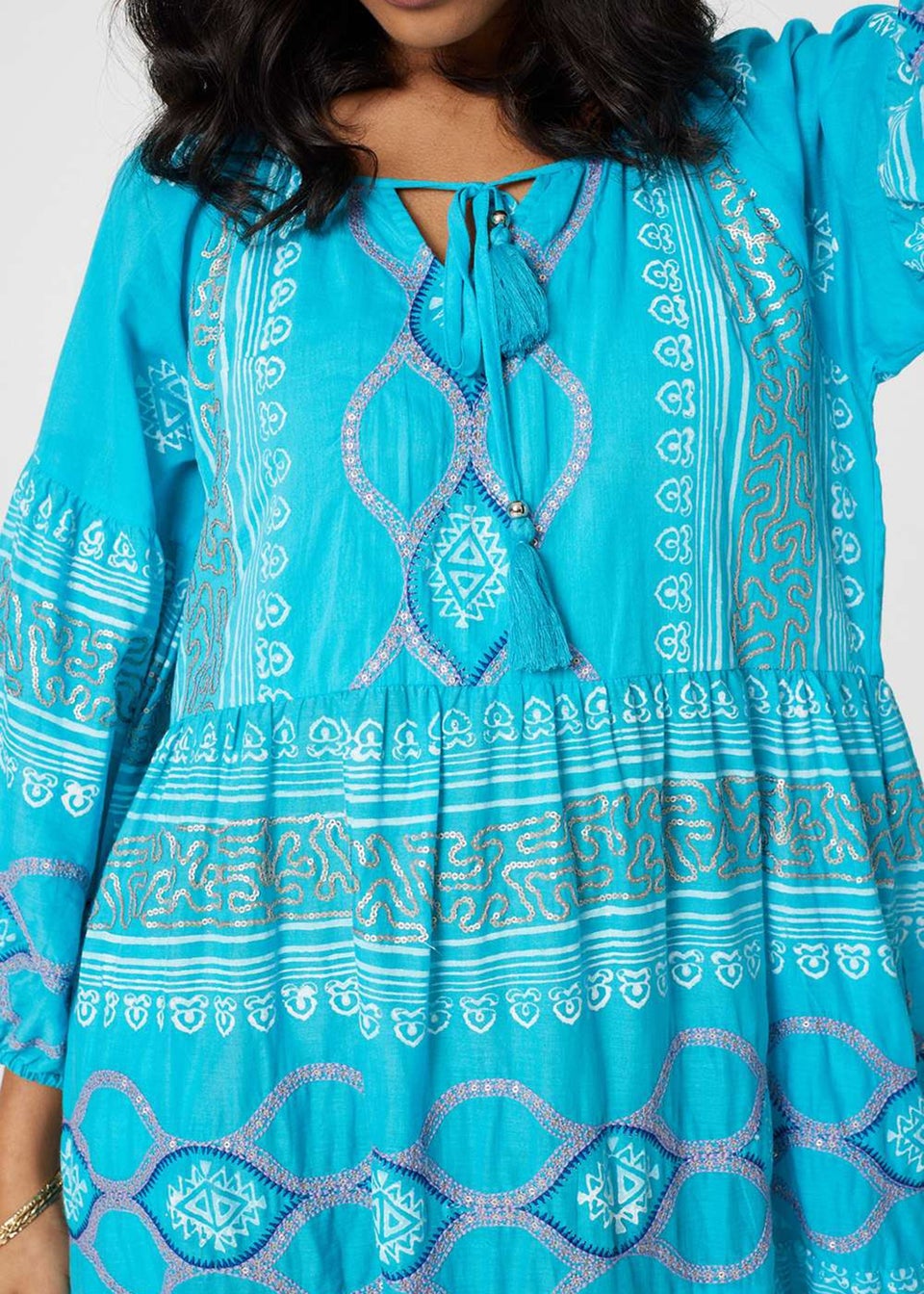 Izabel London Turquoise Printed Puff Sleeve Relaxed Swing Dress