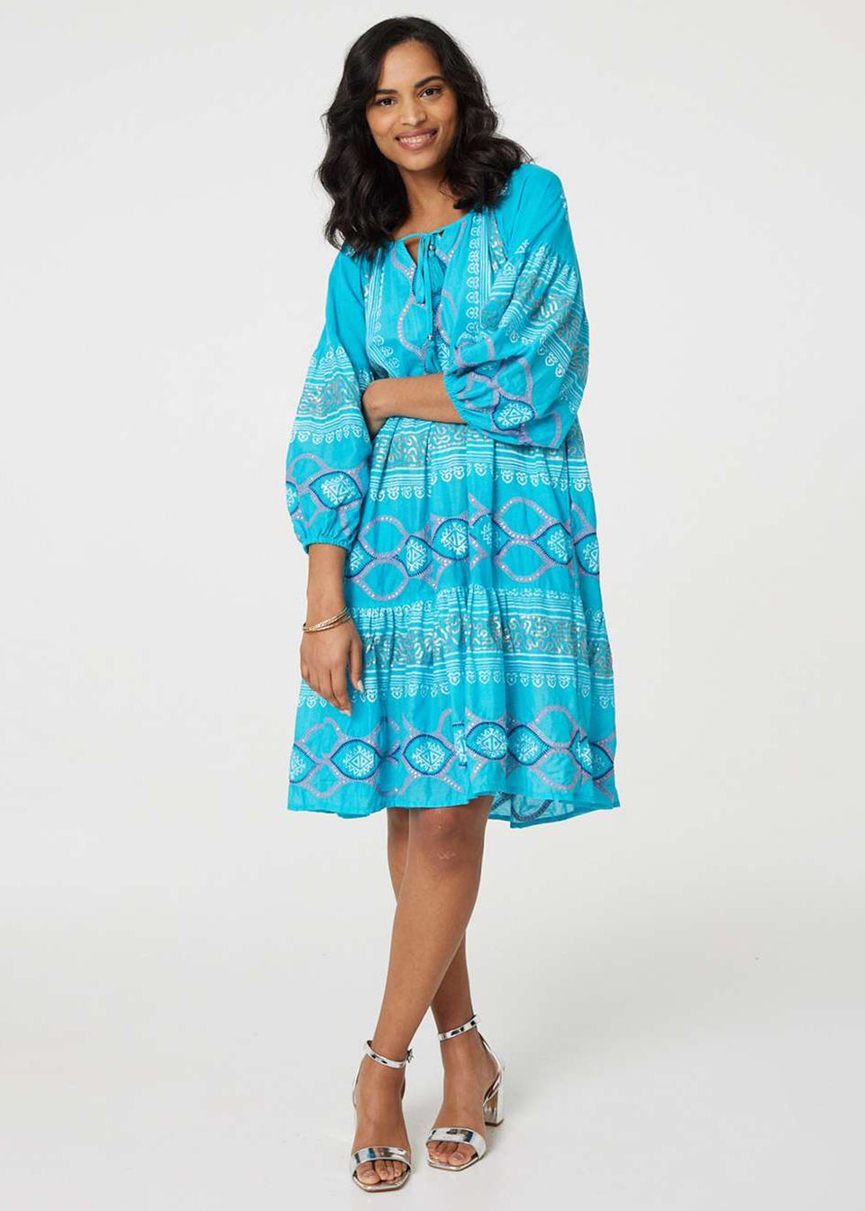 Izabel London Turquoise Printed Puff Sleeve Relaxed Swing Dress