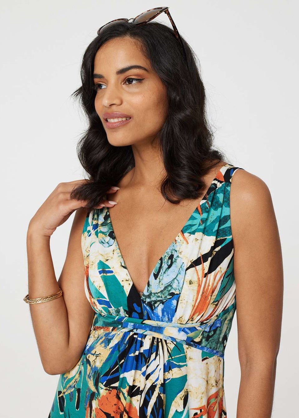 Izabel London Green Tropical Print V-Neck Empire Maxi Dress