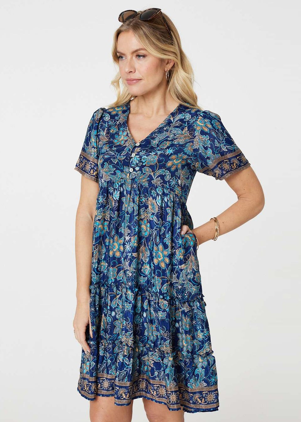 Izabel London Teal Paisley Border Print V-Neck Short Dress