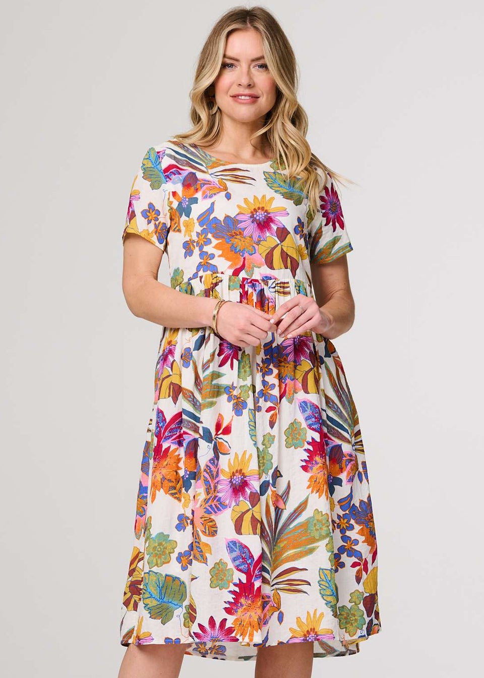 Izabel London White Floral Short Sleeve Relaxed Midi Dress