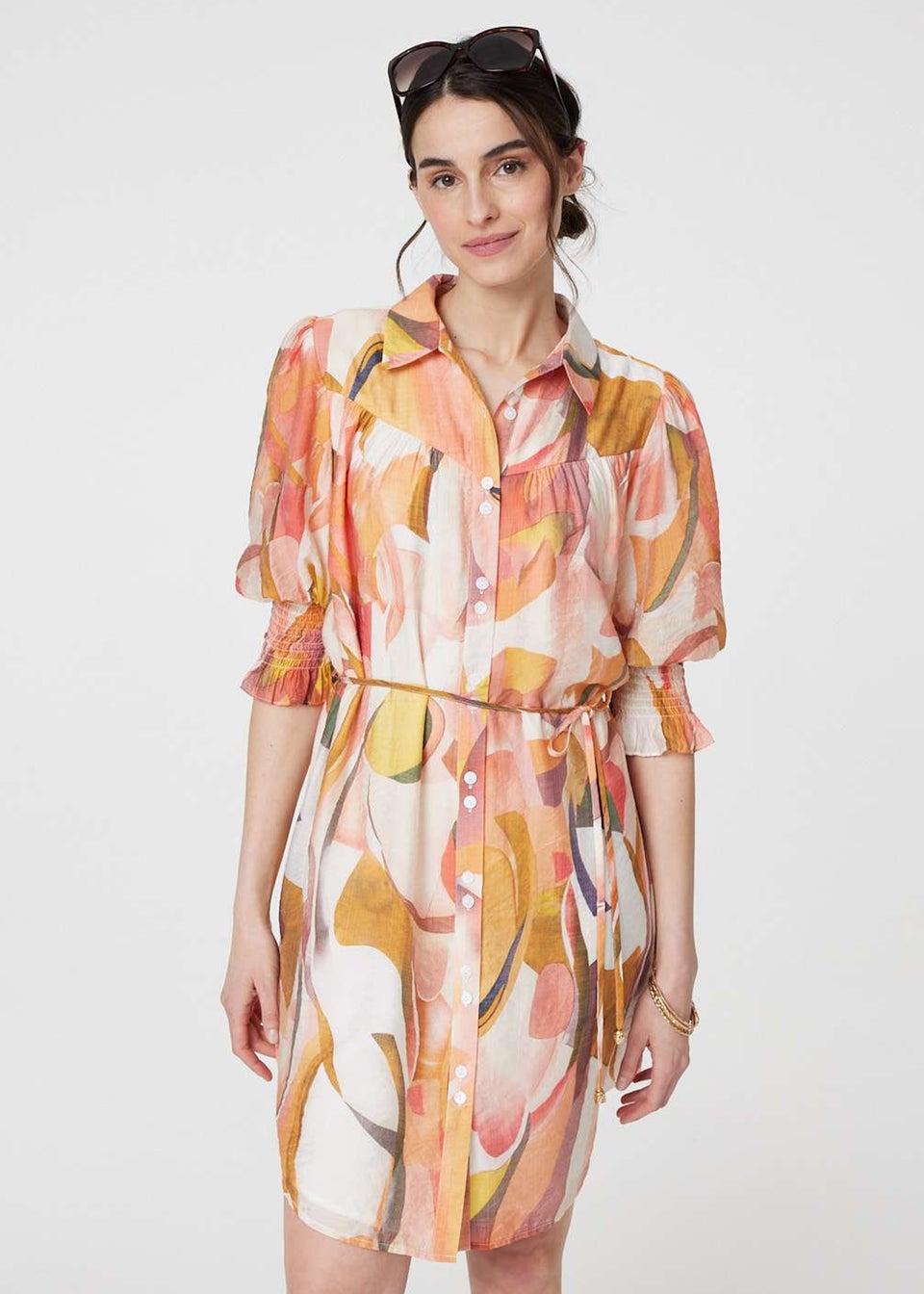 Izabel London Orange Printed 3/4 Puff Sleeve Shirt Dress
