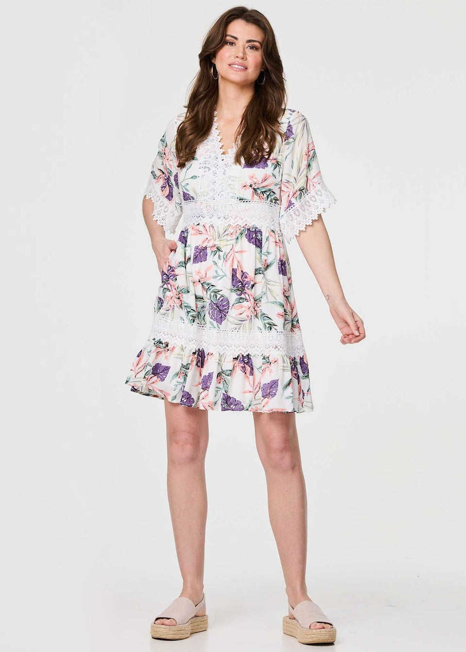 Izabel London White Leaf Print Lace Trim Short Dress