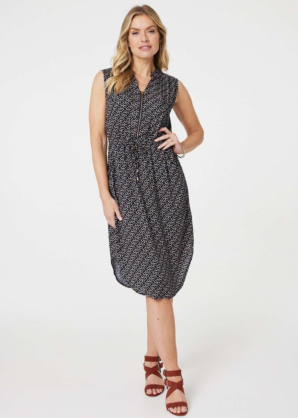 Izabel London Navy Geo Print Sleeveless Zip Front Midi Dress