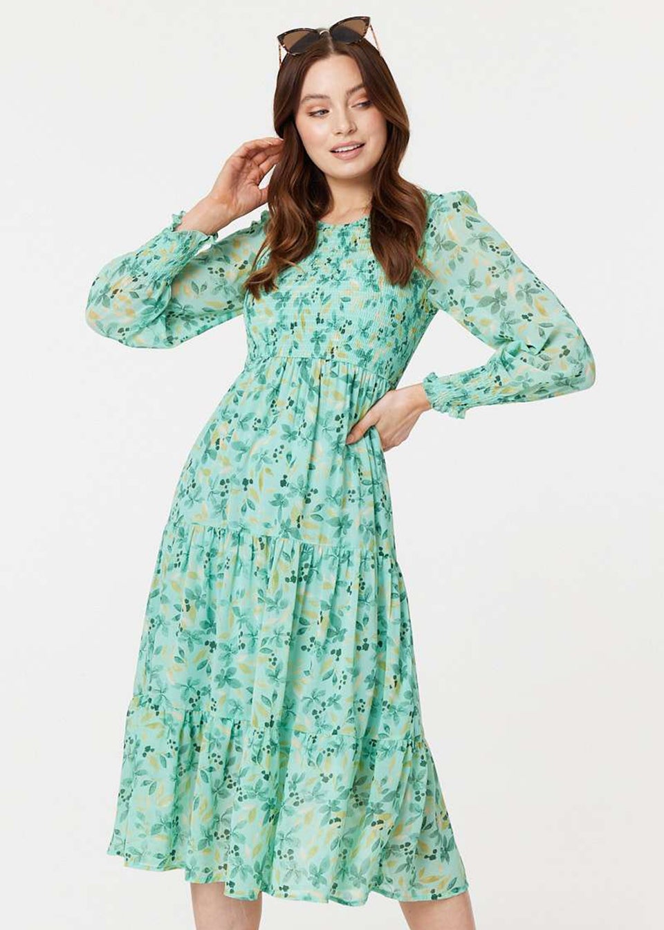 Izabel London Green Floral Long Sleeve Midi Smock Dress - Matalan