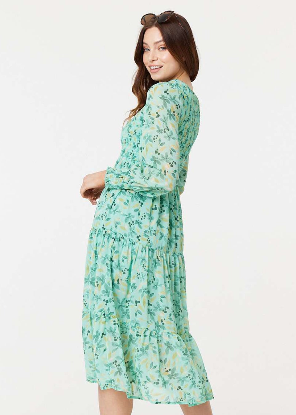 Izabel London Green Floral Long Sleeve Midi Smock Dress - Matalan