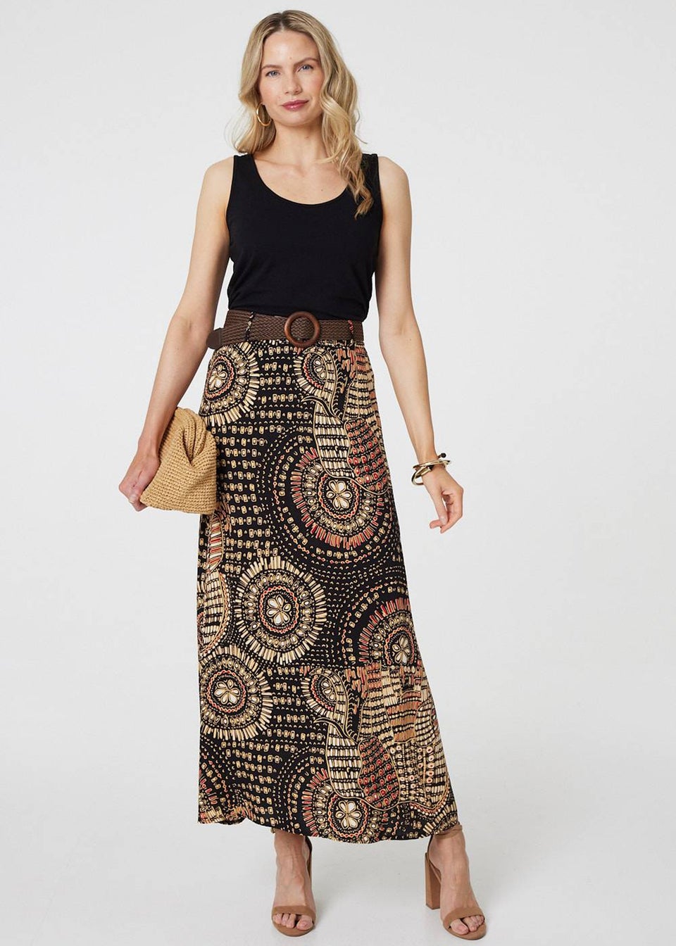 Izabel London Black Aztec Print A-Line Belt Maxi Skirt