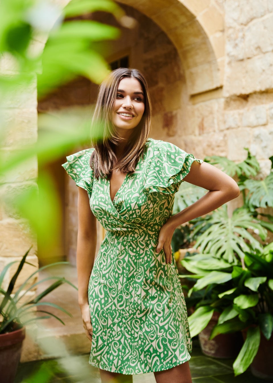 Blue Vanilla Green Aztec Wrap Ruffle Frill Sleeve Mini Dress