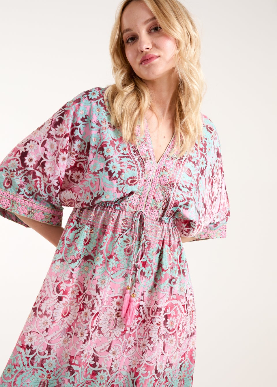 Blue Vanilla Pink Embellished Kimono Dress Matalan