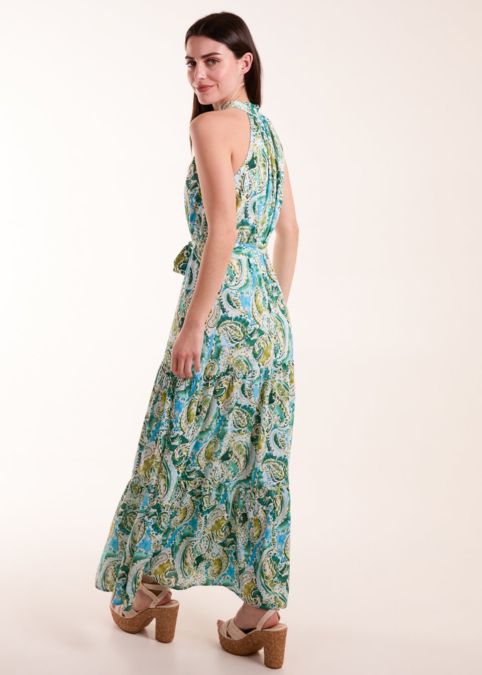 Blue Vanilla Green Halter Neck Paisley Maxi Dress