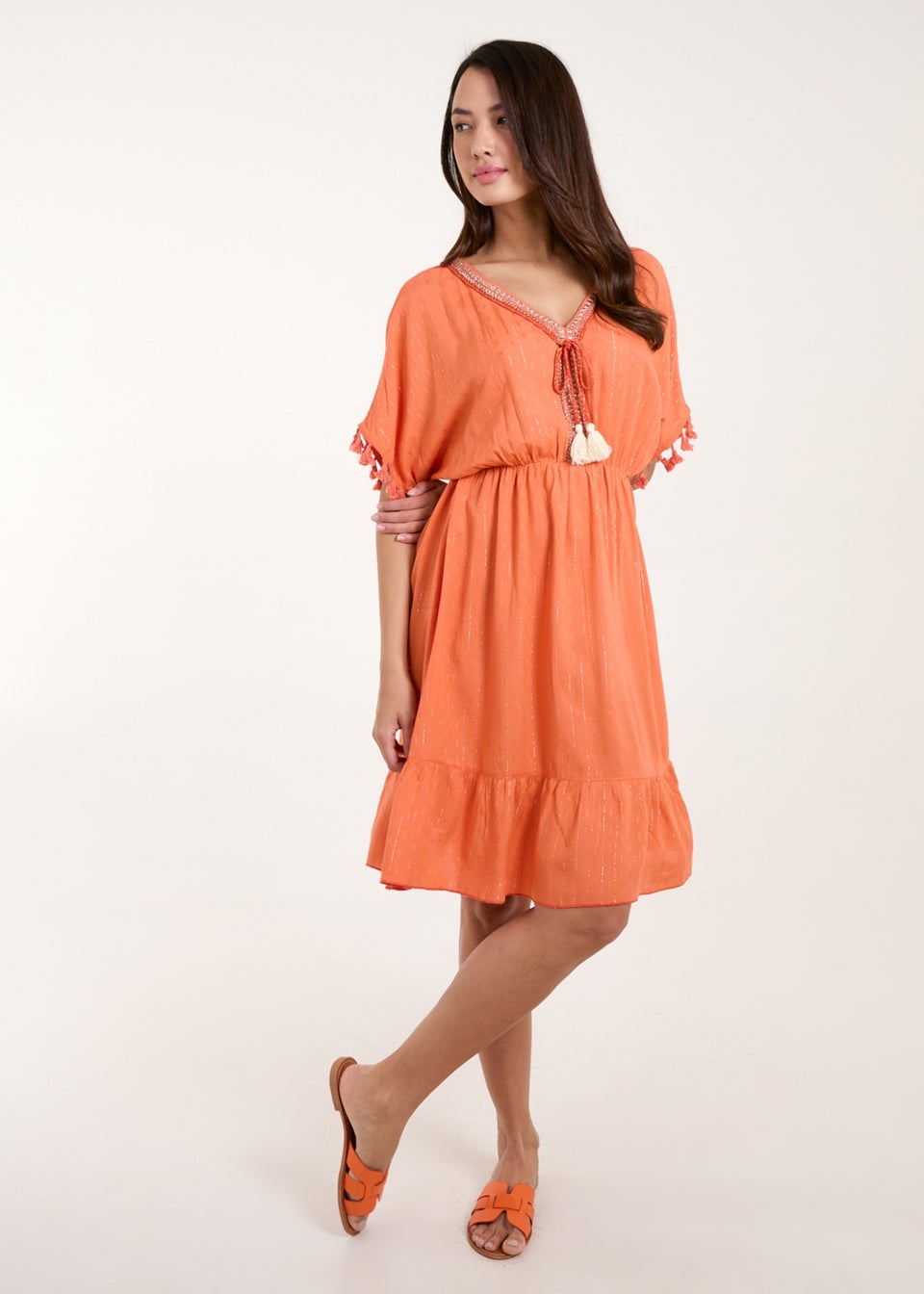 Blue Vanilla Coral Tassel Detail V Neck Dress