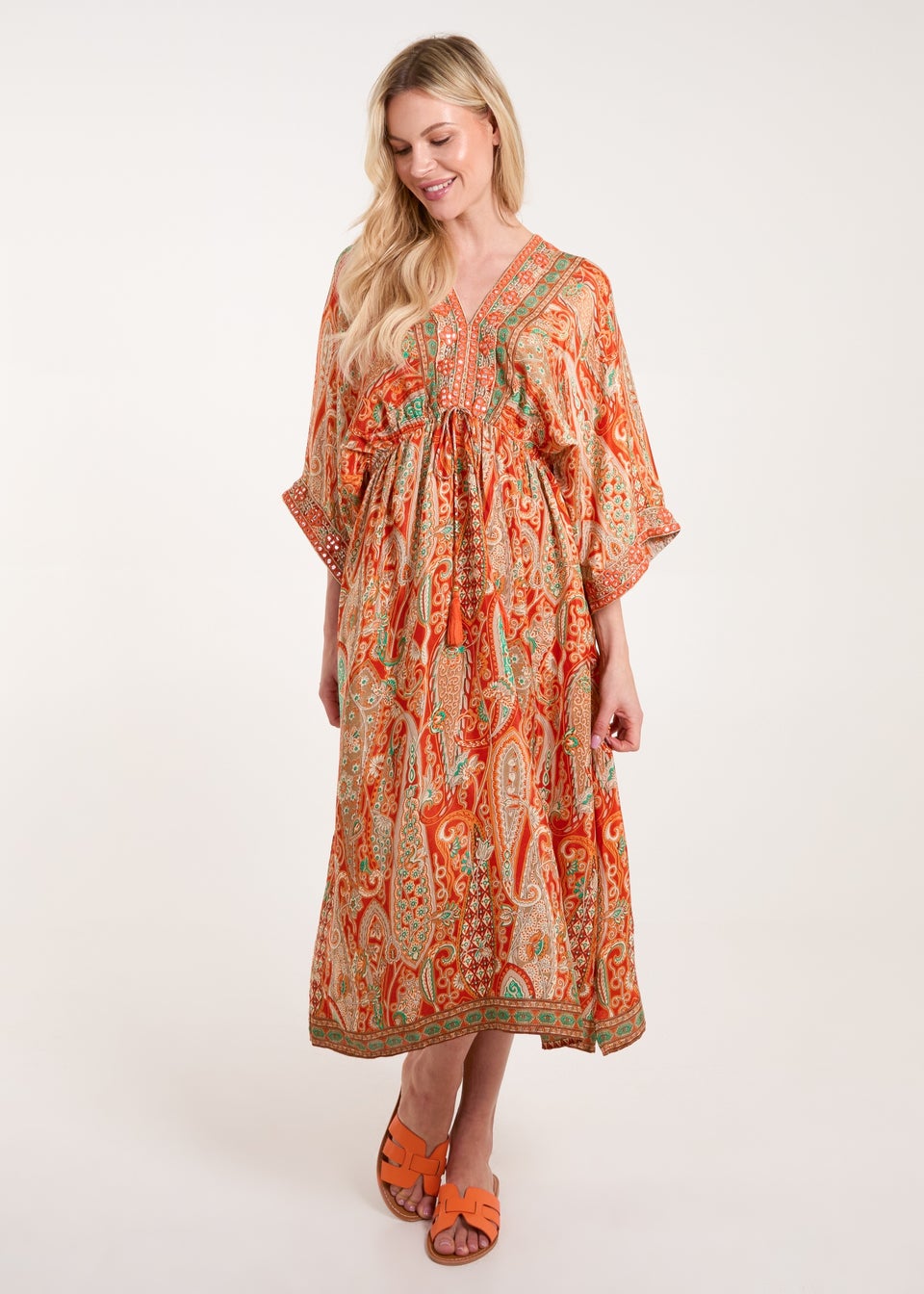 Blue Vanilla Orange Embellished Kimono Midi Dress