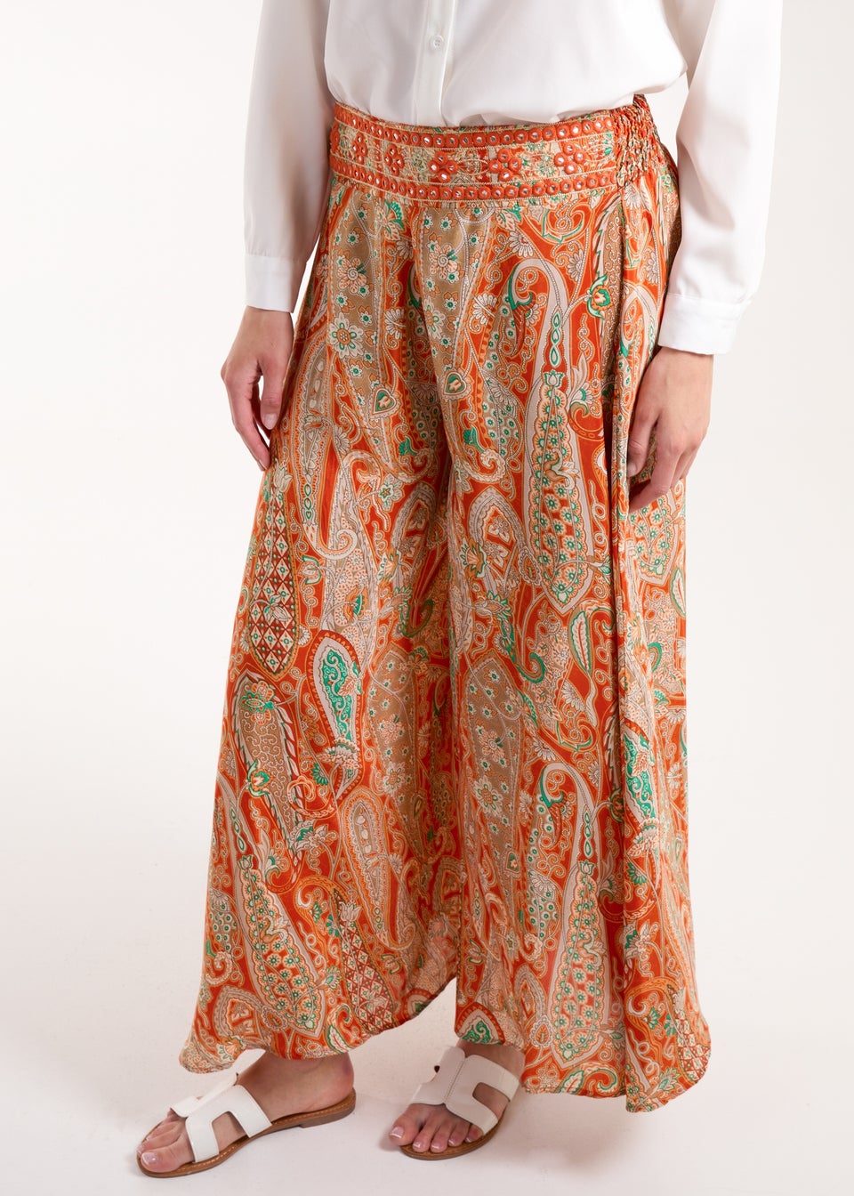 Blue Vanilla Orange Embellished Waist Wide Leg Trousers