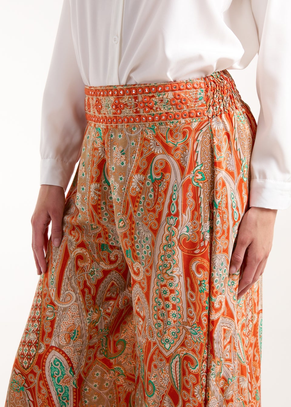 Blue Vanilla Orange Embellished Waist Wide Leg Trousers