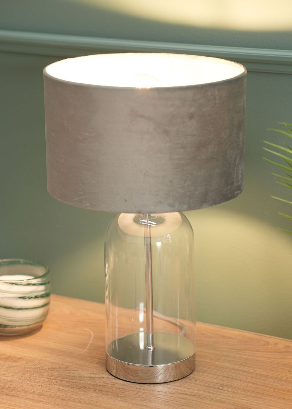 ValueLights Jessy Glass Table Lamp Grey Velvet Shade (41cm x 25cm)