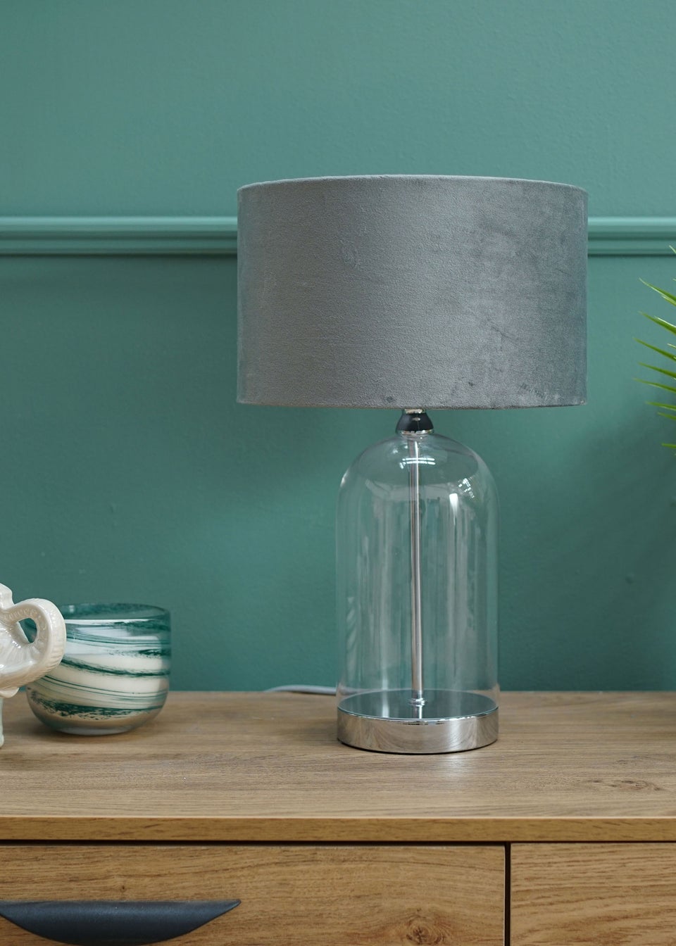 ValueLights Jessy Glass Table Lamp Grey Velvet Shade (41cm x 25cm)
