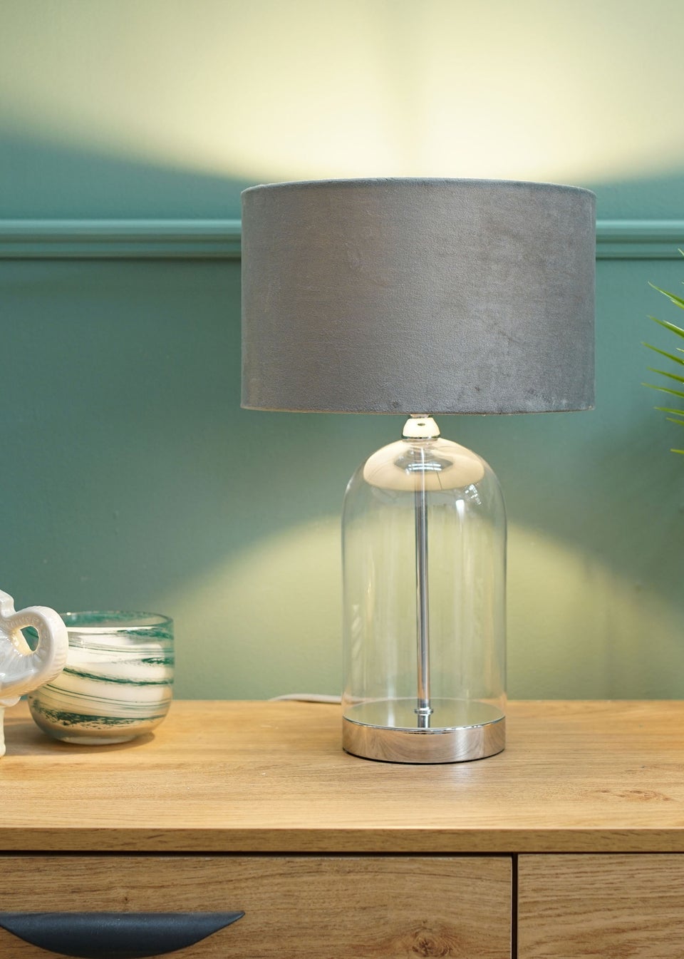 ValueLights Jessy Glass Table Lamp Grey Velvet Shade 41cm x 25cm Matalan