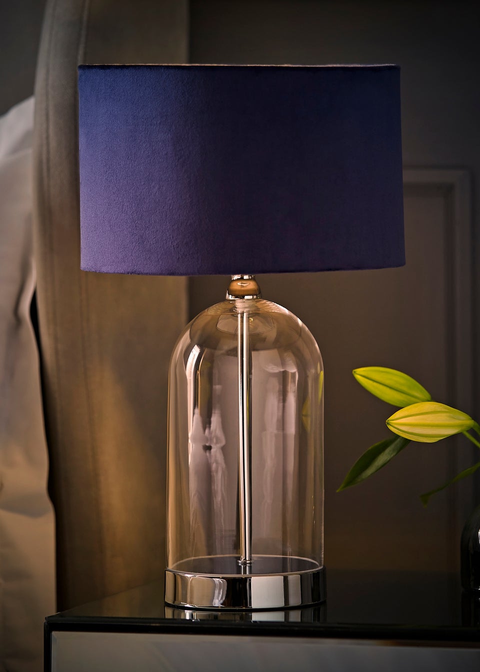 ValueLights Jessy Glass Table Lamp Navy Velvet Shade (41cm x 25cm)